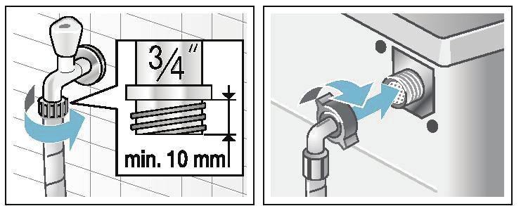 Ühendus Ühendage vee sisselaskevoolik veekraaniga (3/4 = 26,4 mm) ja seadmega (ei kehti Aqua-Stop mudelite korral, kus see on püsivalt paigaldatud): Aquastop Standardne Vee väljalaskevoolik