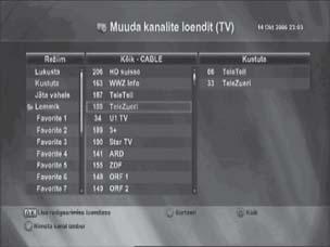 5.3 Kanalite loendi muutmine Saate luua lemmikute loendi, samuti lukustada, kustutada, jätta vahele või teisaldada kanaleid. 1. Valige nupuga / peamenüüst Muuda kanalite loendit ja vajutage nupule OK.