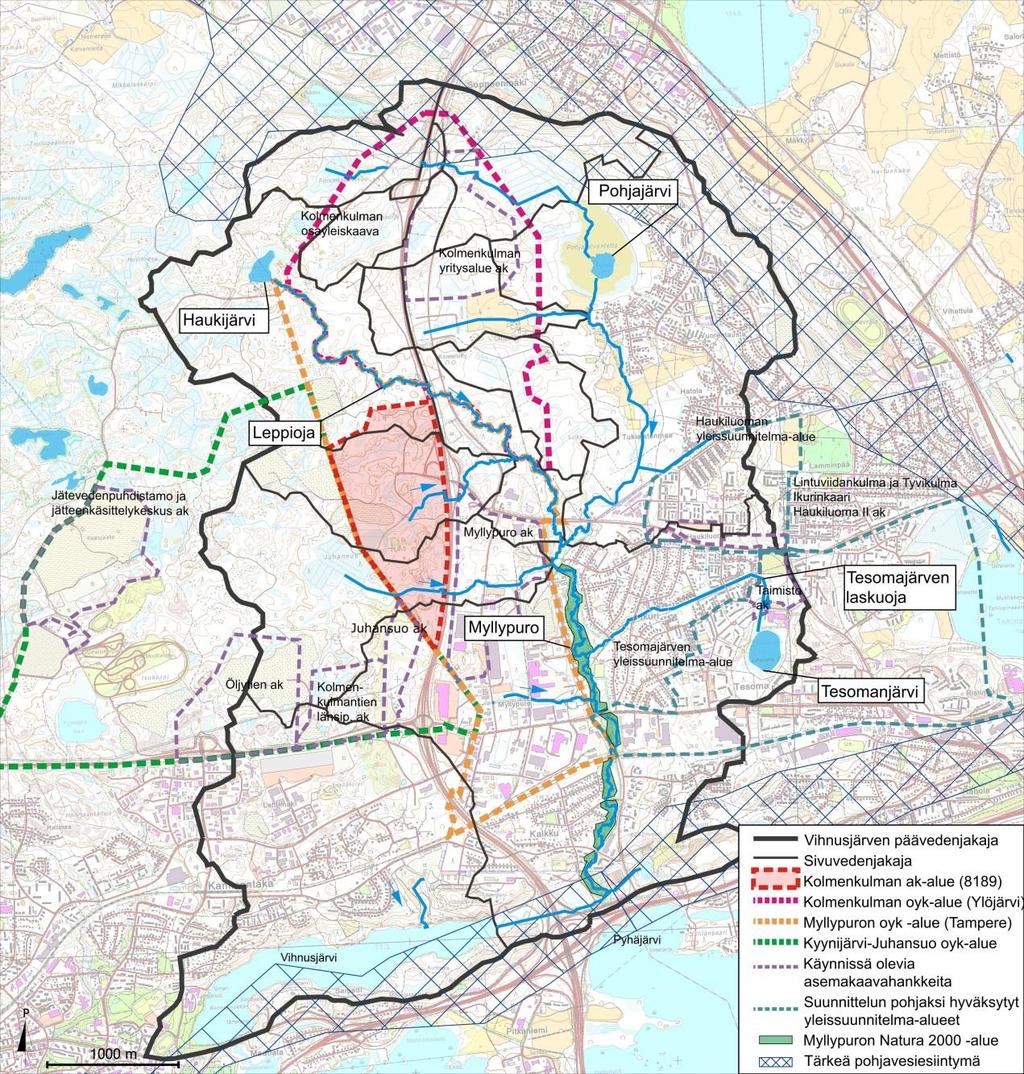 FCG SUUNNITTELU JA TEKNIIKKA OY Raportti 7 (45) Kuva 1. Myllypuron asemakaava nro 8189 ja sen sijoittuminen Vihnusjärven valuma-alueelle.