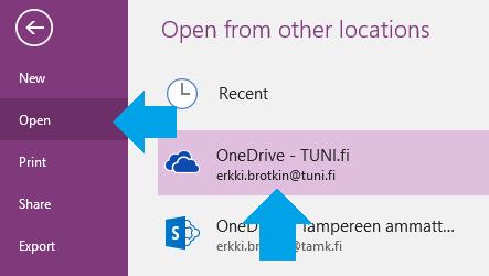 OneNote-muistion avaaminen TUNI OneDrivesta 1. Klikkaa File-välilehteä 2. Klikkaa Open-linkkiä ja valitse OneDrive TUNI.fi. 3. Selaa kansiorakennetta ja etsi avattava OneNote-muistio. 4.