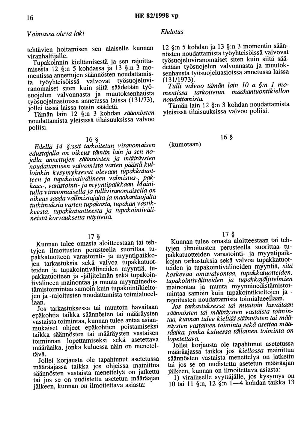 16 HE 82/1998 vp Voimassa oleva laki tehtävien hoitamisen sen alaiselle kunnan viranhaltijalle.