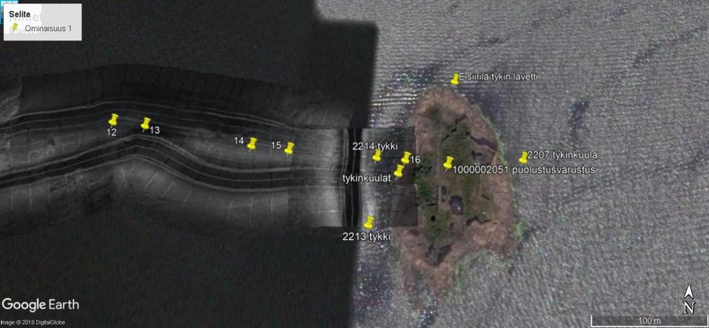 Kuva 4. Luotauskartta Gustavsvärnin rantautumisalueelta. Karttapohja Google Earth. 3.2 Tulokset ja tarkastetut kohteet Viistokaikuluotausaineistosta ei havaittu uusia selkeitä anomalioita.