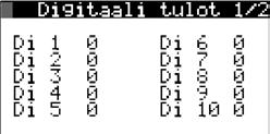 Ohjaus on jaoteltu digitaalilähdöt- ja analogialähdöt-näyttöihin. Tällä näytöllä voidaan tarkastella digitaalitulojen tiloja. 5.2.