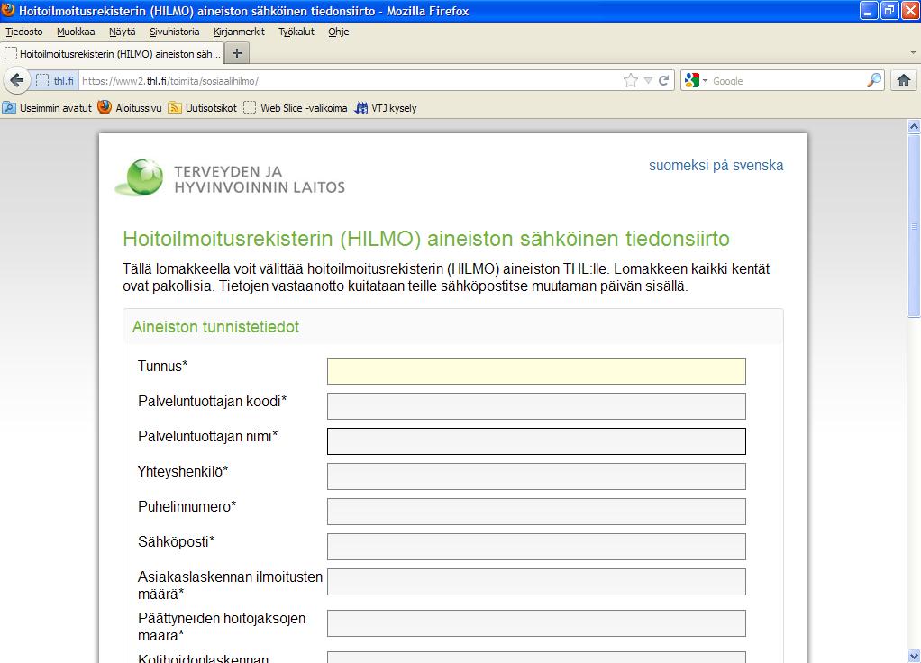 Näyttöön avautuu alla olevan kuvan mukainen aineistotoimituslomake.