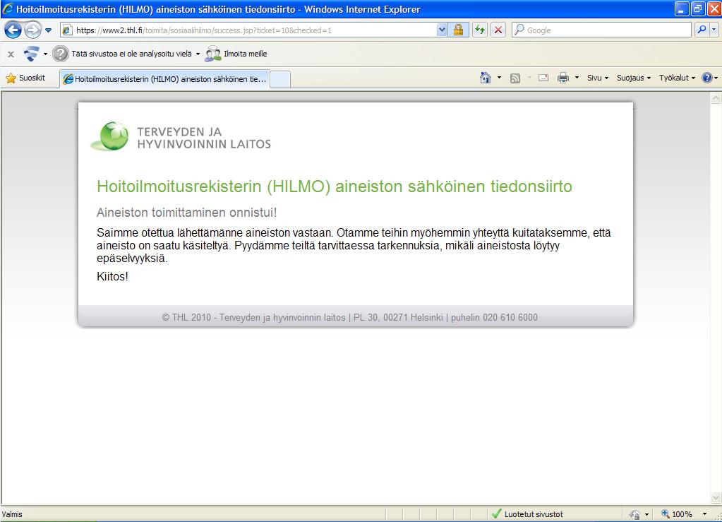 Tietojen toimitusta on mahdollista testata käyttämällä palveluntuottajakoodia 99001 (Testisairaala) sekä