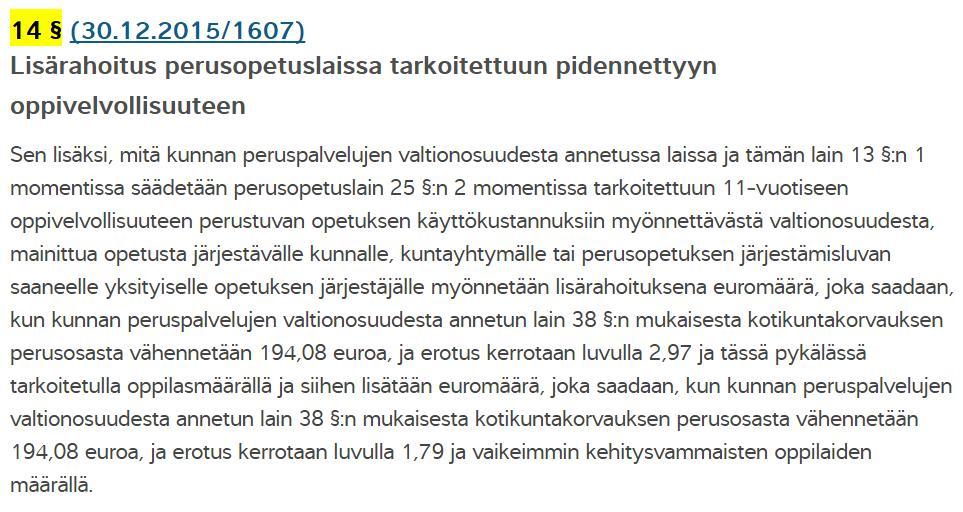 2016 Lisärahoitus Kotikuntakorvauksen pidennettyyn perusosa 6 693,89 oppivelvollisuuteen Pidennetyn oppivelvollisuuden rahoitusta laskettaessa tehtävä vähennys (1705/2009 14 ) -194,08 6 499,81 Muut