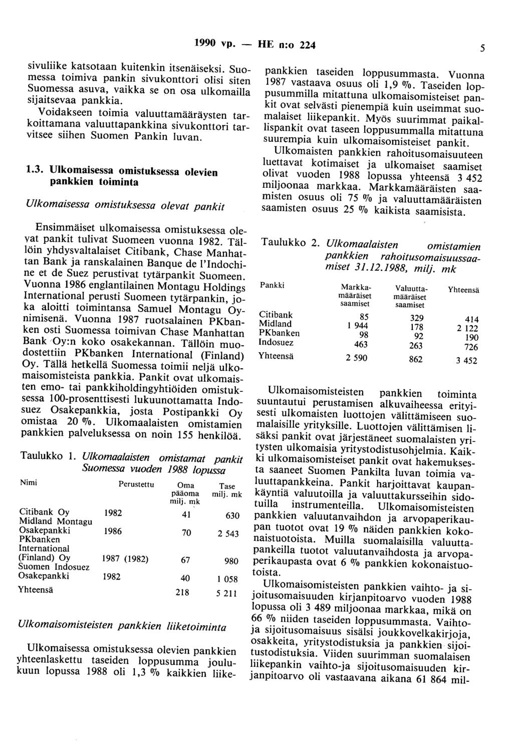 1990 vp. - HE n:o 224 5 sivuliike katsotaan kuitenkin itsenäiseksi. Suomessa toimiva pankin sivukonttori olisi siten Suomessa asuva, vaikka se on osa ulkomailla sijaitsevaa pankkia.