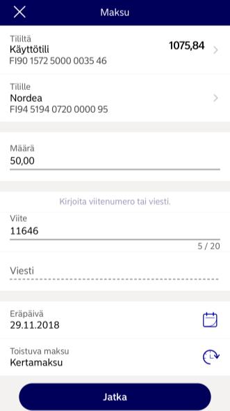 Laskun maksu mobiilipankilla Nyt voit vahvistaa maksun Nyt laskun tiedot