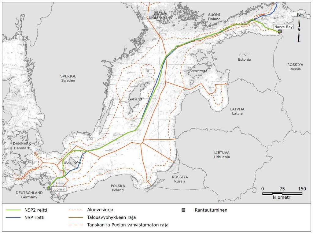 Kuva 0-3 Ehdotettu NSP2-reitti Itämerellä. Tanskan vesillä ehdotettu NSP2-reitti kulkee yksinomaan talousvyöhykkeellä Bornholmin länsi- ja pohjoispuolella.