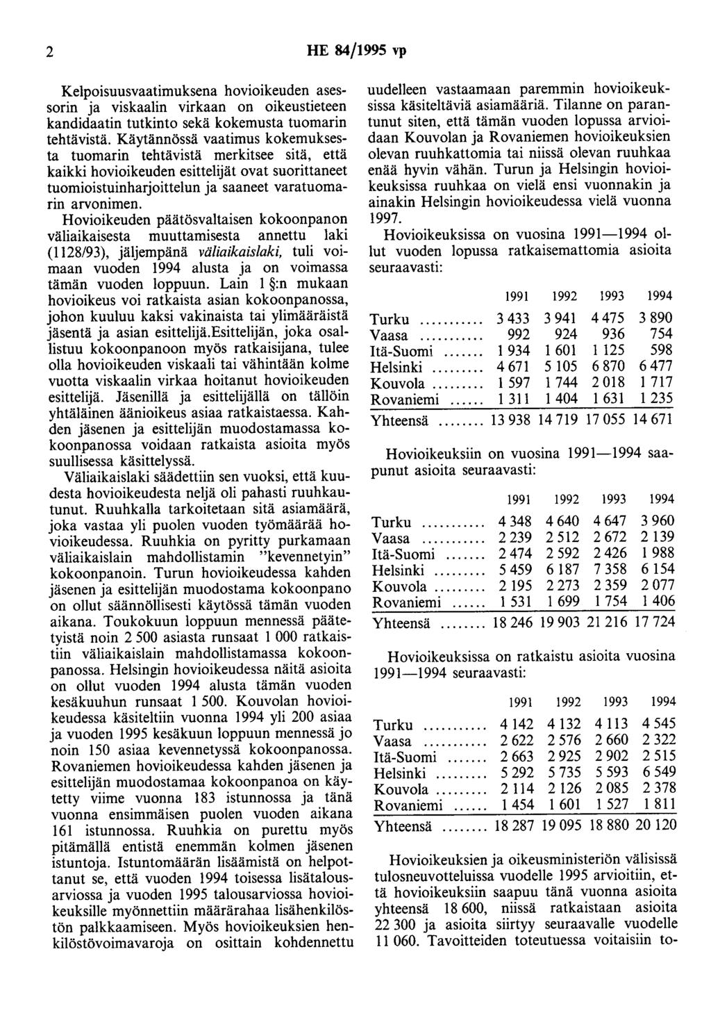 2 HE 84/1995 vp Kelpoisuusvaatimuksena hovioikeuden asessarin ja viskaalin virkaan on oikeustieteen kandidaatin tutkinto sekä kokemusta tuomarin tehtävistä.