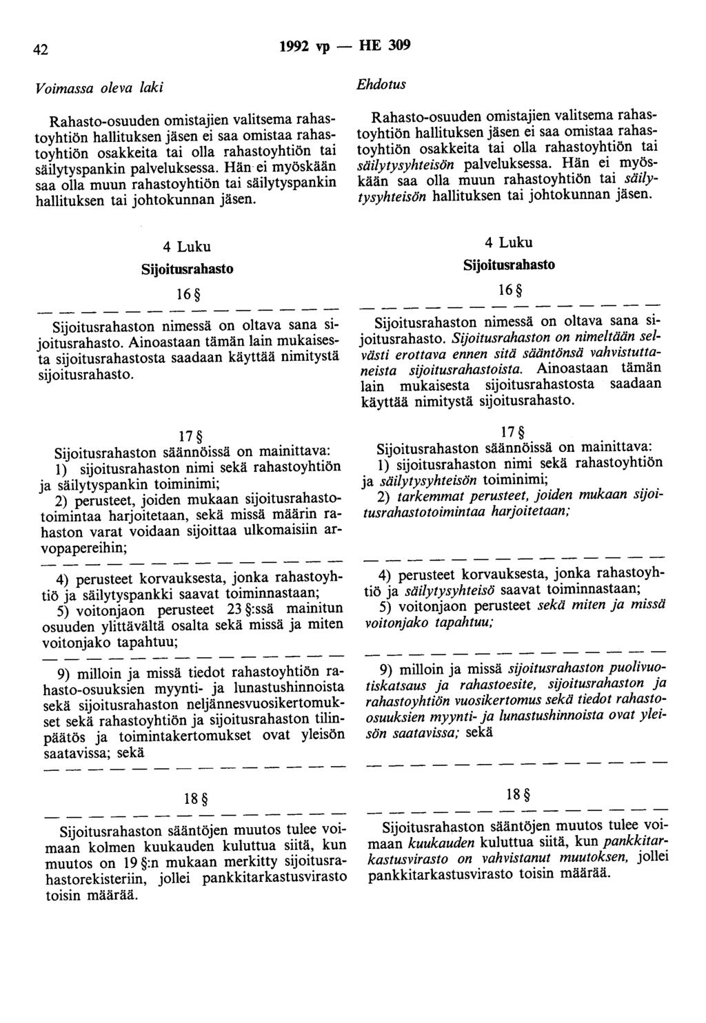 42 1992 vp - HE 309 Voimassa oleva laki Rahasto-osuuden omistajien valitsema rahastoyhtiön hallituksen jäsen ei saa omistaa rahastoyhtiön osakkeita tai olla rahastoyhtiön tai säilytyspankin