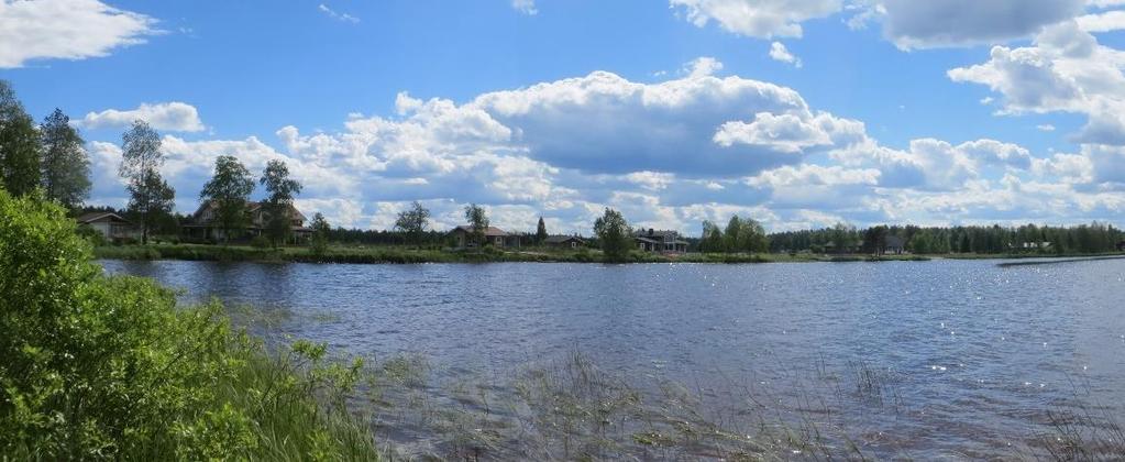 Pyhännänjärven etelärantaa, jossa omakotitalot ovat sijoittuneet vesistön läheisyyteen. Pihapiirit ja pellot jatkuvat järvestä poispäin etelään. (kuva Aija Degerman). 3.2.