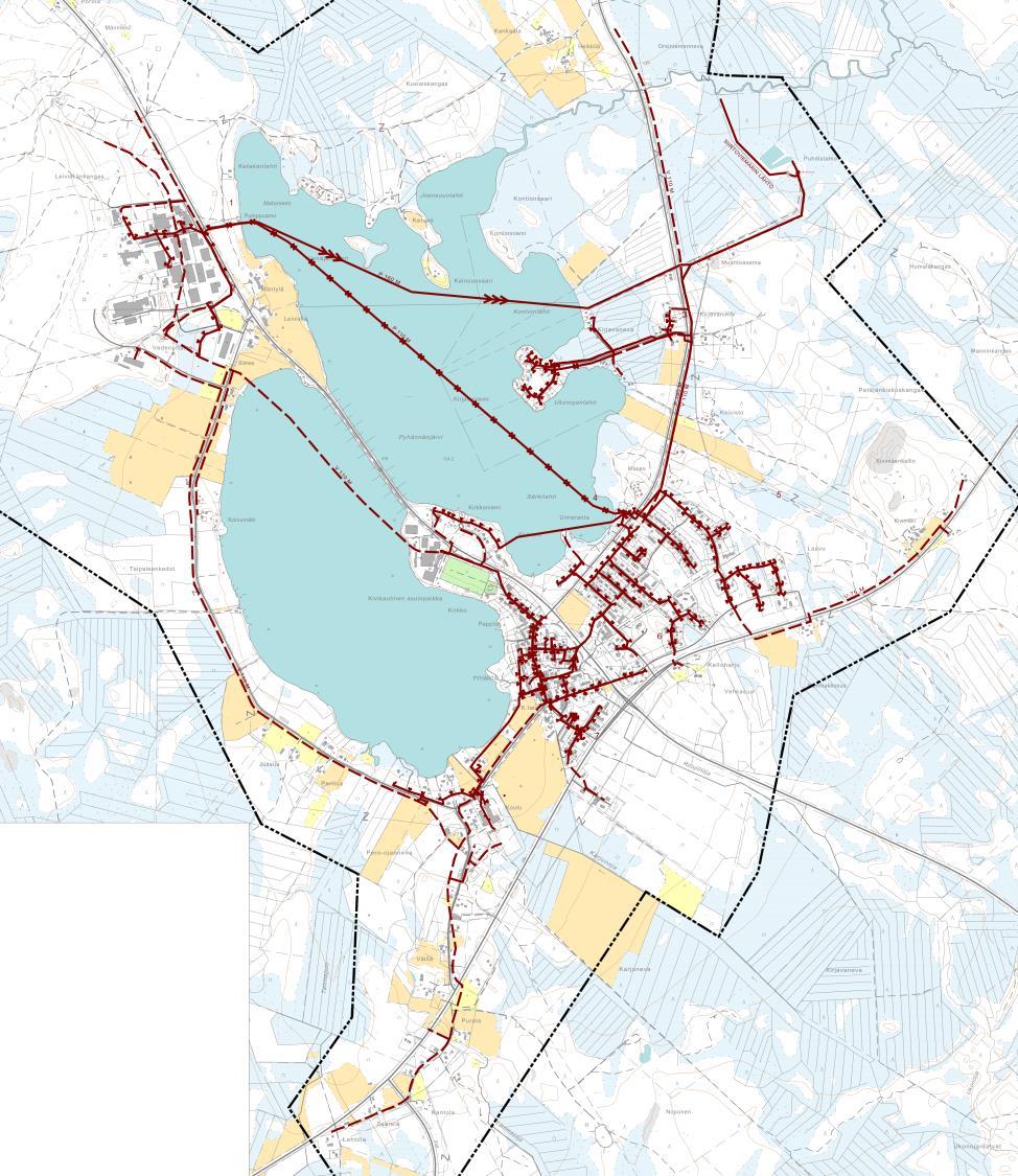 Pyhännän Vesi Oy:n vesi- ja jätevesiverkosto kaava-alueella.