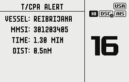 T/CPA approach -näyttö 1. Paina AIS-tilassa AIS/IC-painiketta uudelleen siirtyäksesi AISvakionäytön ja T/CPA Approach -näytön välillä. 2.