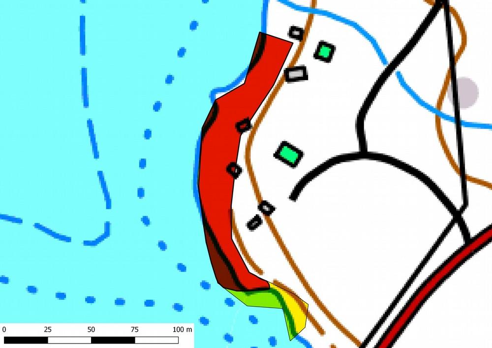 29 Konapinkoski NE, ehdotus kivikautisen asuinpaikan rajaukseksi punaisena, aiempaan rajaukseen on kuulunut myös keltaisena merkitty alue. 6.