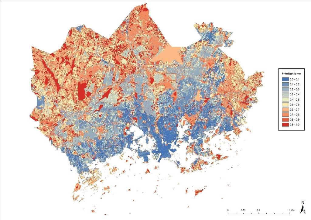 Zonation prioriteettikartta Korkeita arvoja lajiston perusteella: järvet lehdot