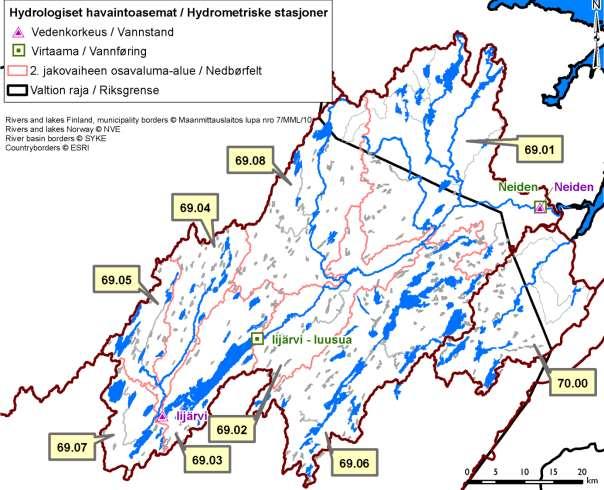 Kuva 6. Keskivedenkorkeus ja vedenkorkeus vuonna 2017 Iijärven luusuassa. Harmaalla havaintojen vaihteluväli. Kuva 7.