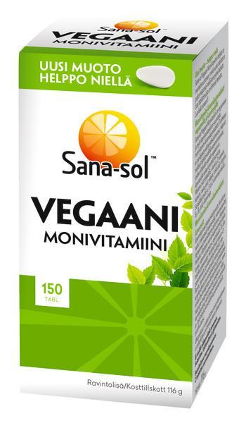 Sana-sol Vegaani A-vitamiini, E-vitamiini, C- vitamiini, tiamiini, riboflaviini, niasiini, pyridoksiini,