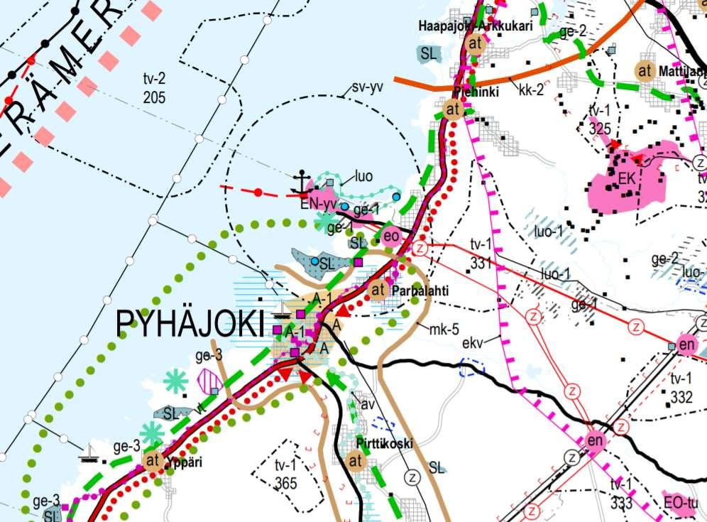 Kuva 2. Maakuntakaavojen yhdistelmäkartta 11.6.2018, jossa on esitetty lainvoimaisten Pohjois- Pohjanmaan maakuntakaavan (2006), Hanhikiven ydinvoimamaakuntakaavan (2010) sekä Pohjois-Pohjanmaan 1.