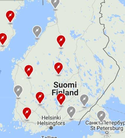8 Kuvassa punaisella on merkitty Teslan Supercharger -latauspisteet, joita on tällä hetkellä kuusi.
