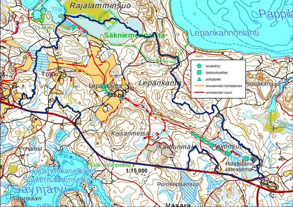 Kuva 1. Siparinojan valuma-alue sekä suunnitellut vesiensuojelurakenteet ja ojan eroosioriski. Siparinojan valuma-alueesta suurin osa on kangasmetsää.