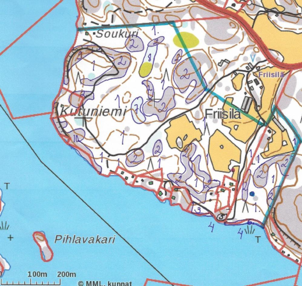 11 Kartta 2: Friisilän alueen luontotyypit Numero 1 on mustikkatyypin tuoretta kangasta, 2 on kalliometsää, 3 ja 6 ovat suurruoholehtoja, 4 ruovikkoa, 5 kallioketoa, 7 kostea painanne, 8 soistunut