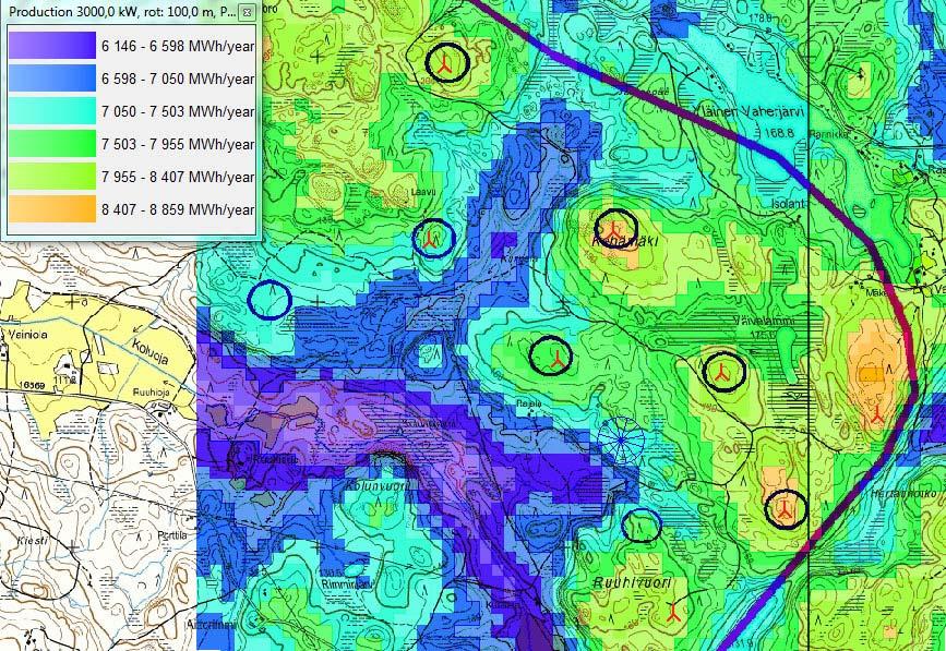 Keskimääräinen tuotanto Laskettuna 3 MW:n voimalalle 100 m:n roottorilla ja 100 m:n tornin korkeudella.