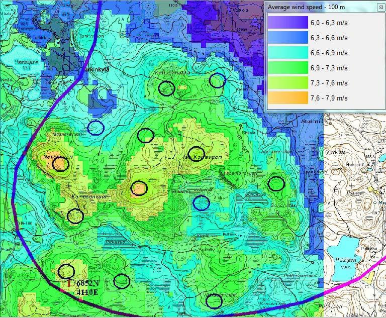 Tuulen keskinopeus alueen eteläosassa Tuulen keskinopeus laskettu 100m korkeudelle Huom!