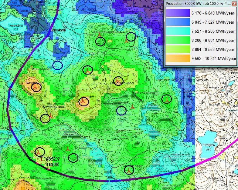 Keskimääräinen tuotanto y Laskettuna 3 MW:n voimalalle 100 m:n roottorilla ja 100 m:n tornin korkeudella.