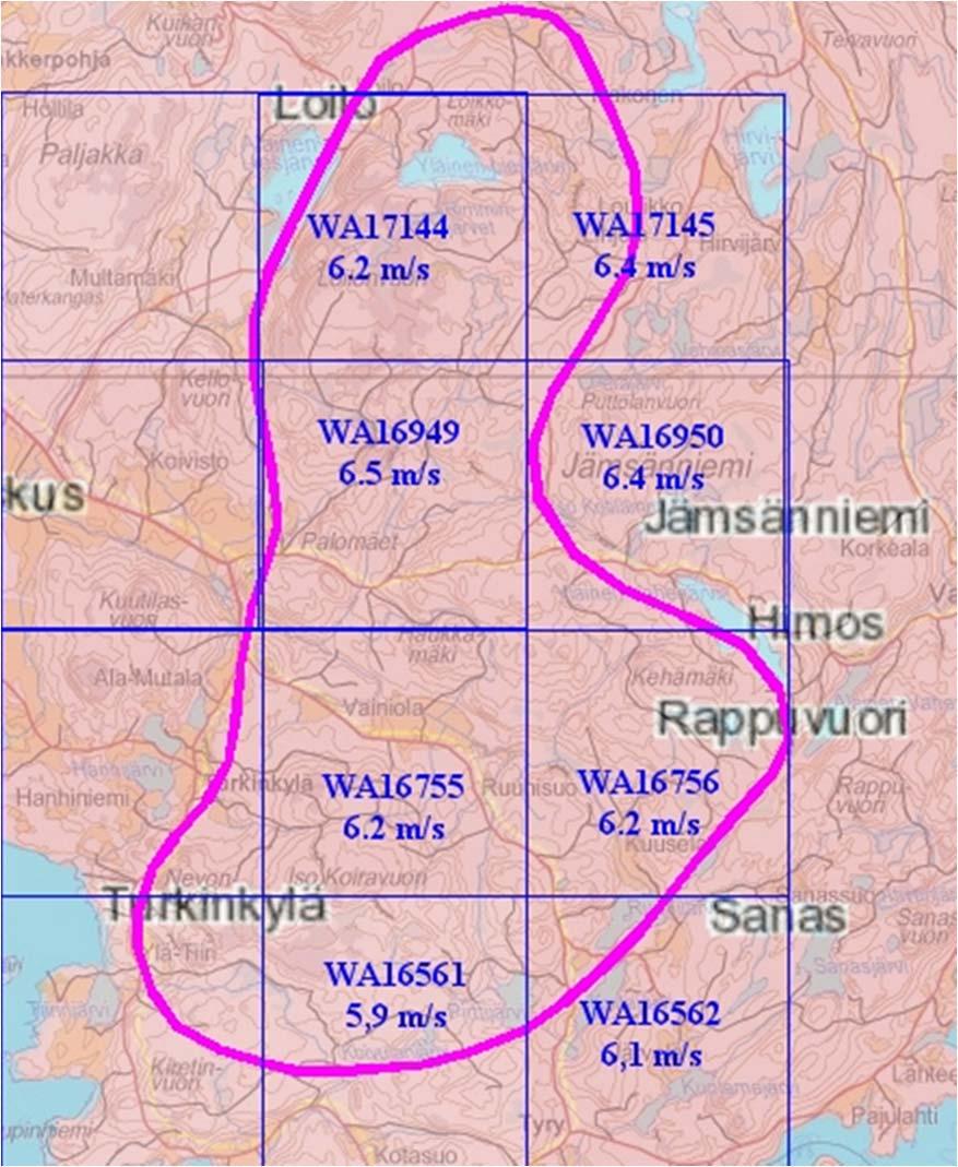 Jämsänniemen tuuliatlastiedostot Ruudukko 2,5 x 2,5 km Tuulen keskinopeudet 100 m