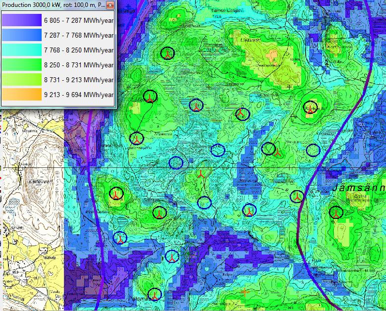 Keskimääräinen tuotanto y Laskettuna 3 MW:n voimalalle 100 m:n roottorilla ja 100 m:n tornin korkeudella.