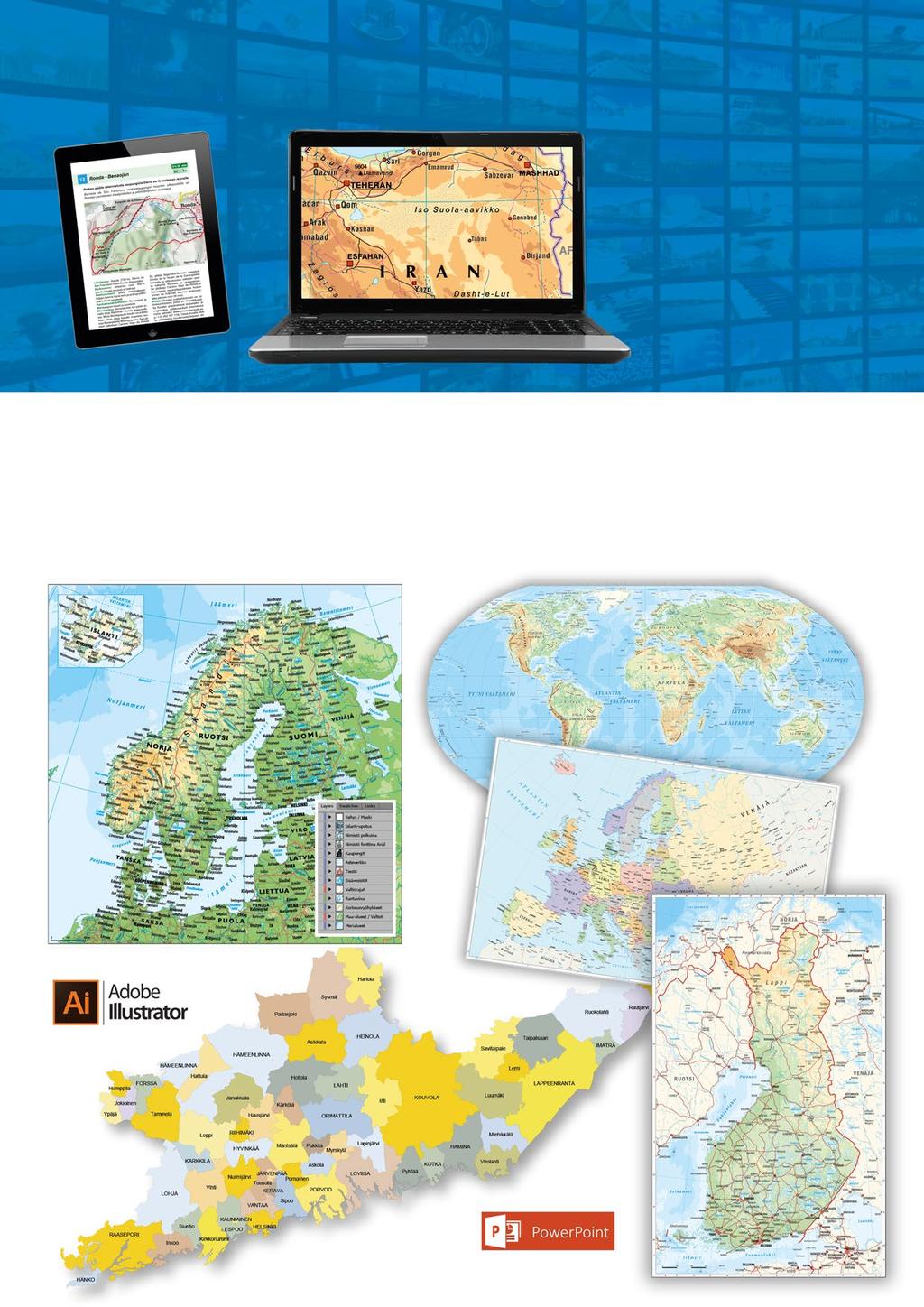 35 Digitaaliset tuotteet Näyttävät ja laadukkaat PowerPoint- ja Illustrator-kartat viestintään ja julkaisuihin.
