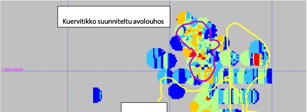 4.3 Avolouhosten pohjavesipurkauma - Pohjavesipurkaumaa on selitetty tarkemmin HANNUKAISEN KAIVOSHANKE Molempiin avolouhoksiin purkautuvan pohjaveden virtaama on mallinnettu vuotuiset louhosvaiheet