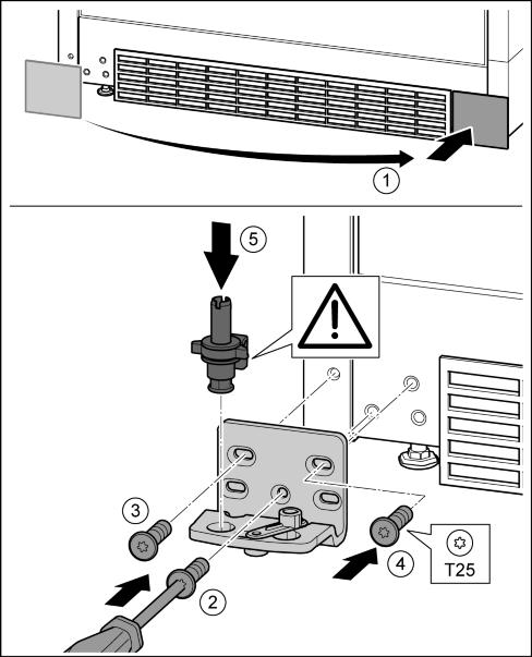16 u Irrota suojus ja kiinnitä se toiselle puolelle. Fig. 16 (1) u Aseta laakerinkiinnitin toiselle puolelle ja ruuvaa se kiinni T25-ruuvimeisselin avulla. Aloita ruuvilla 2 alhaalla keskellä. Fig. 16 (2) u Kiristä ruuvit 3 ja 4.