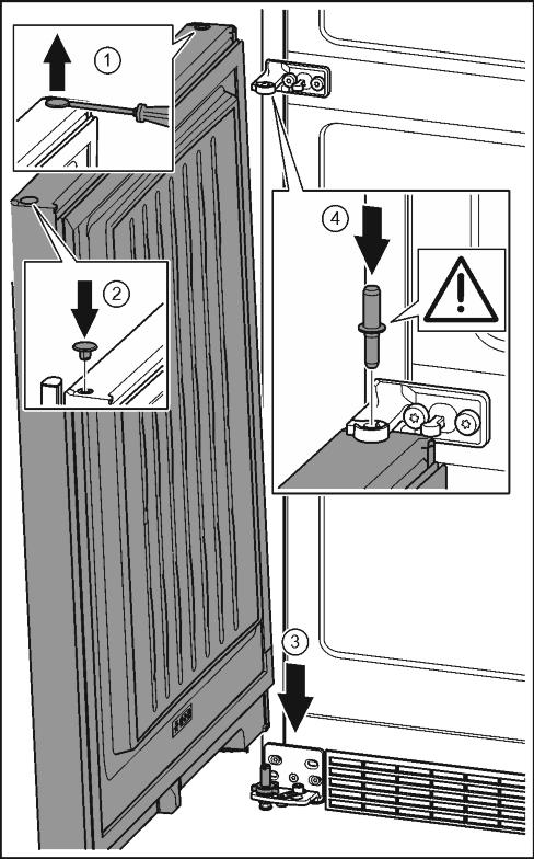 4.3.8 Alemman oven asentaminen Fig. 19 u Vedä suojus irti. Fig. 19 (1) u Kierrä ruuvit irti T15-ruuvimeisselillä. Fig. 19 (2) u Irrota kahva. Fig. 19 (3) u Nosta sivuttaisia tulppia varovasti uraruuvimeisselillä ja vedä ne ulos.