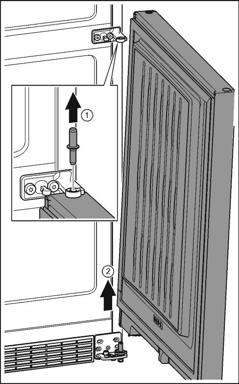 Käyttöönotto 4.3.2 Alemman oven irrottaminen u Kierrä T25-ruuvimeisselillä molemmat ruuvit irti. u Nosta laakerinkannatinta ja irrota se.