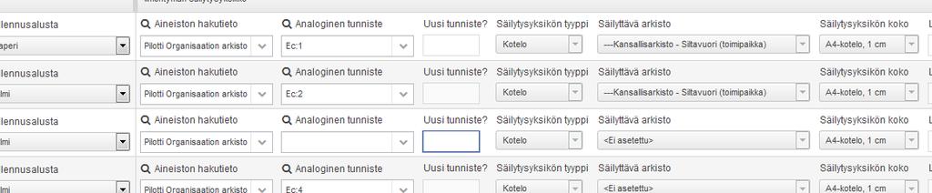 31 Kuva 30 Säilytysyksikön tietjen täyttäminen taulukknäkymässä. Js lut uutta säilytysyksikköä, anna tunnistetiet khtaan Uusi tunniste?