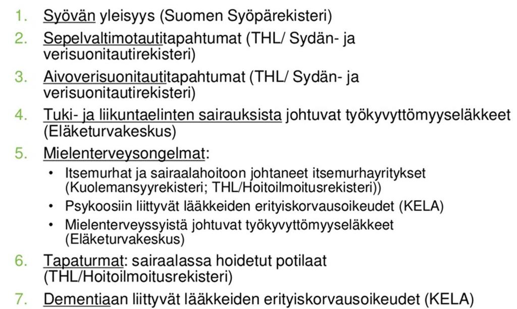 THL:n sairastavuusindeksi koostuu seuraavista sairausryhmistä: Sairastavuusindeksi on koostettu seitsemästä eri sairausryhmästä, jotka on erikseen indeksoitu ja summattu neljän eri näkökulman mukaan