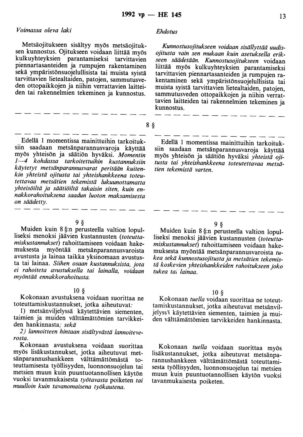 1992 vp- HE 145 13 Voimassa oleva laki Metsäojitukseen sisältyy myös metsäojituksen kunnostus.