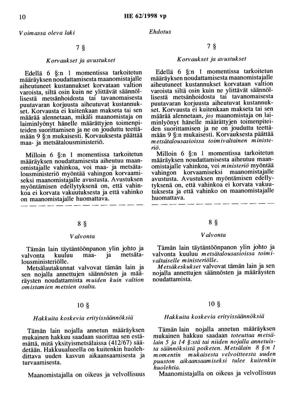 10 HE 62/1998 vp Voimassa oleva laki Ehdotus 7 7 Korvaukset ja avustukset Edellä 6 :n 1 momentissa tarkoitetun määräyksen noudattamisesta maanomistajalle aiheutuneet kustannukset korvataan valtion