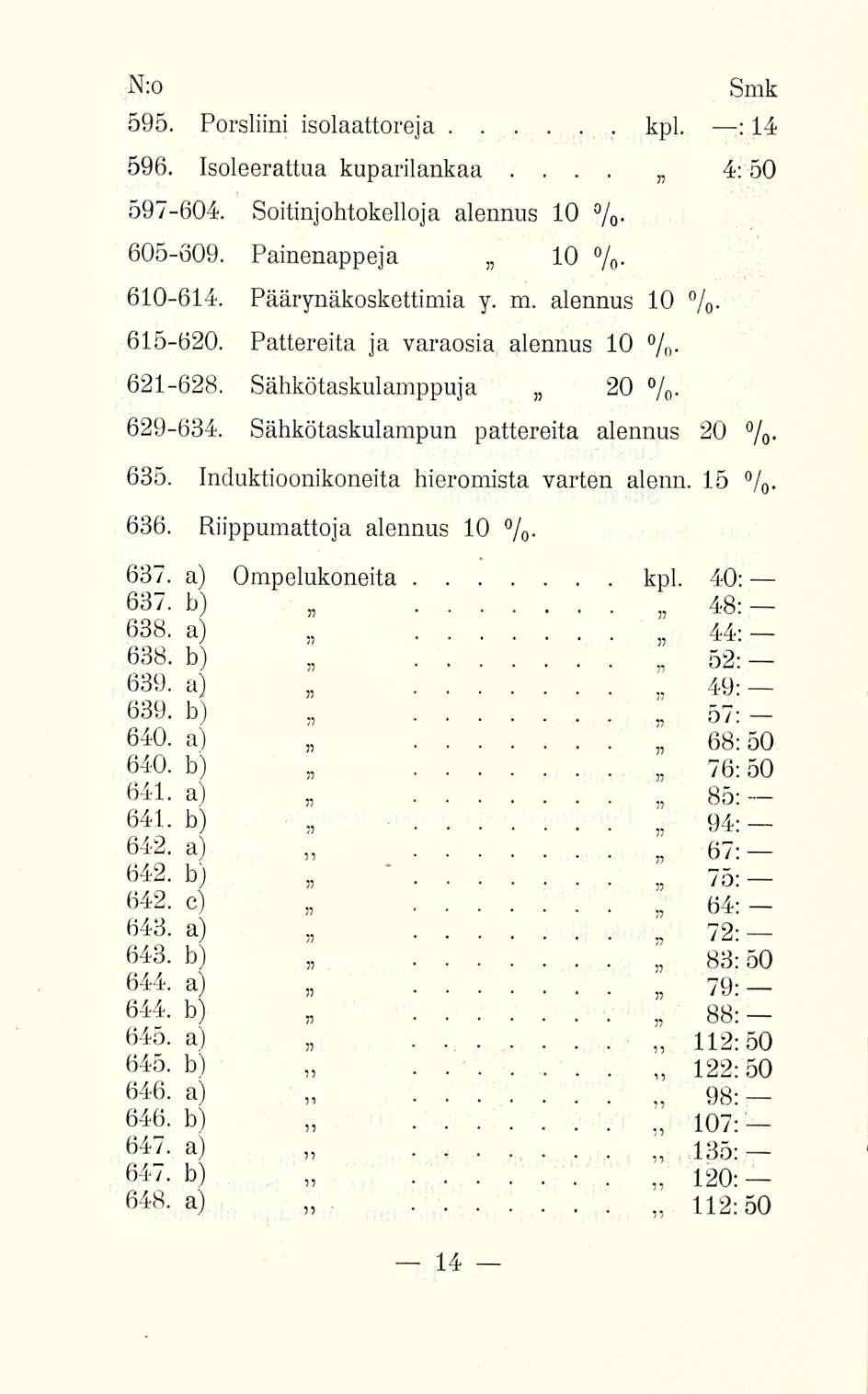 ' 595 Porsliini isolaattoreja kpl : 14 596 Isoleerattua kuparilankaa 4:50 597604 Soitinjohtokelloja alennus 10 % 605609 Painonappeja 10 % 610614 Päärynäkoskettimia y m alennus 10 % 615620 Pattereita