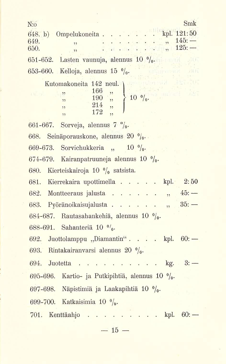 648 b) Ompelukoneita kpl 121:50 649 145; 650 125: 651652 Lasten vaunuja, alennus 10 % 653660 Kelloja, alennus 15 % Kutomakoneita 142 neul \ 166 190 172» }lo 214 I 661667 Sorveja, alennus 7 "/o «/ 668