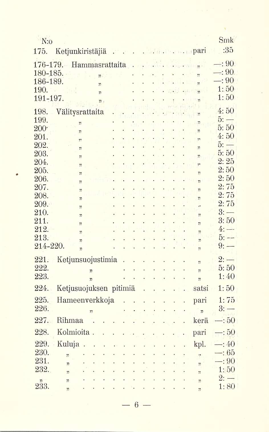 175 Ketjunkiristäjiä pari :35 176179 Hammasrattaita 180185 :9O 186189 :9 O 190 HSO 191197 1:50 : 90 198 Välitysrattaita 4:50 5: 199 200' 5; 50 201 4:50 202 5; 203 5:50 204 2; 25 ~ 205 2:50 206 2; 50