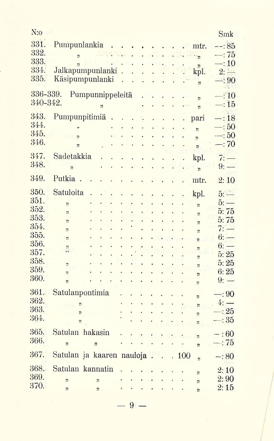 : :0 331 Pumpunlankia mtr 85 332 _;?5 333 10 334 Jalkapumpunlanki kpl 2: 335 Käsipumpunlanki : 90 336339 Pumpunnippeleitä _ lo 340342!