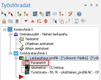Wire harjoituskirja 1: Yksittäiset profiiliradat 1. Klikkaa Työstöratojen hallinnassa Lankasahaus profiilin Parametrit -ikonia. 2. Valitse puurakenteesta Lanka/tehoasetukset. 3. Aseta 1.