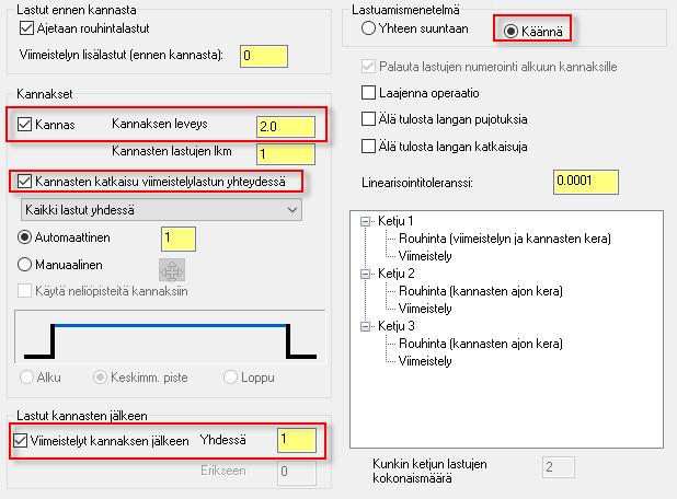 Wire harjoituskirja 2: Moniprofiiliradat Tehosta sahausliikkeitä aktivoimalla ruutu Kannasten katkaisu viimeistelylastun yhteydessä.