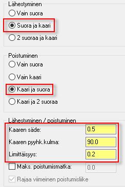 Wire harjoituskirja 2: Moniprofiiliradat 8. Määritä sivulle seuraavat parametrit: Valitse Suora ja kaari lähestymiseksi ja Kaari ja suora poistumiseksi. Määritä liikkeiden kaaren säteeksi 0.
