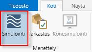 Wire harjoituskirja 4: 4-akseliset työstöradat 3. Aseta simulointi päälle klikkaamalla Koti-valikossa Simulointi. 4. Aihiota ei enää näy ikkunassa ja näytön yläosan välilehdeksi vaihtuu Simulointi.