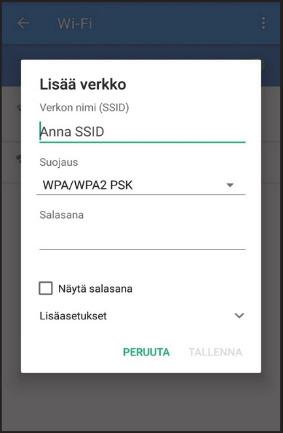 Anna verkon nimi ja salasana, tiedot löytyvät mallitarrasta (Verkon nimi: SSID ja salasana Wi-Fi Key), joka on liimattu