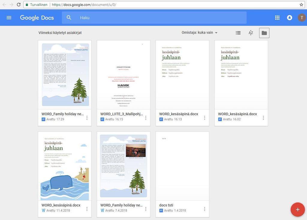 Microsoft Officen ilmaisten vaihtoehtojen esittely ja vertailu 21 Kuva 13. Google Docsin aloitusnäkymä. Siirryttäessä varsinaisiin sovelluksiin, näkymä muuttuu perinteisemmäksi.